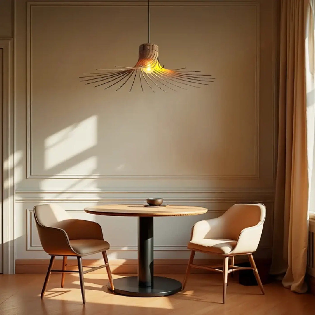 Suspension luminaire rotond en rotin tissé chaud avec design radial suspendue au-dessus de la table