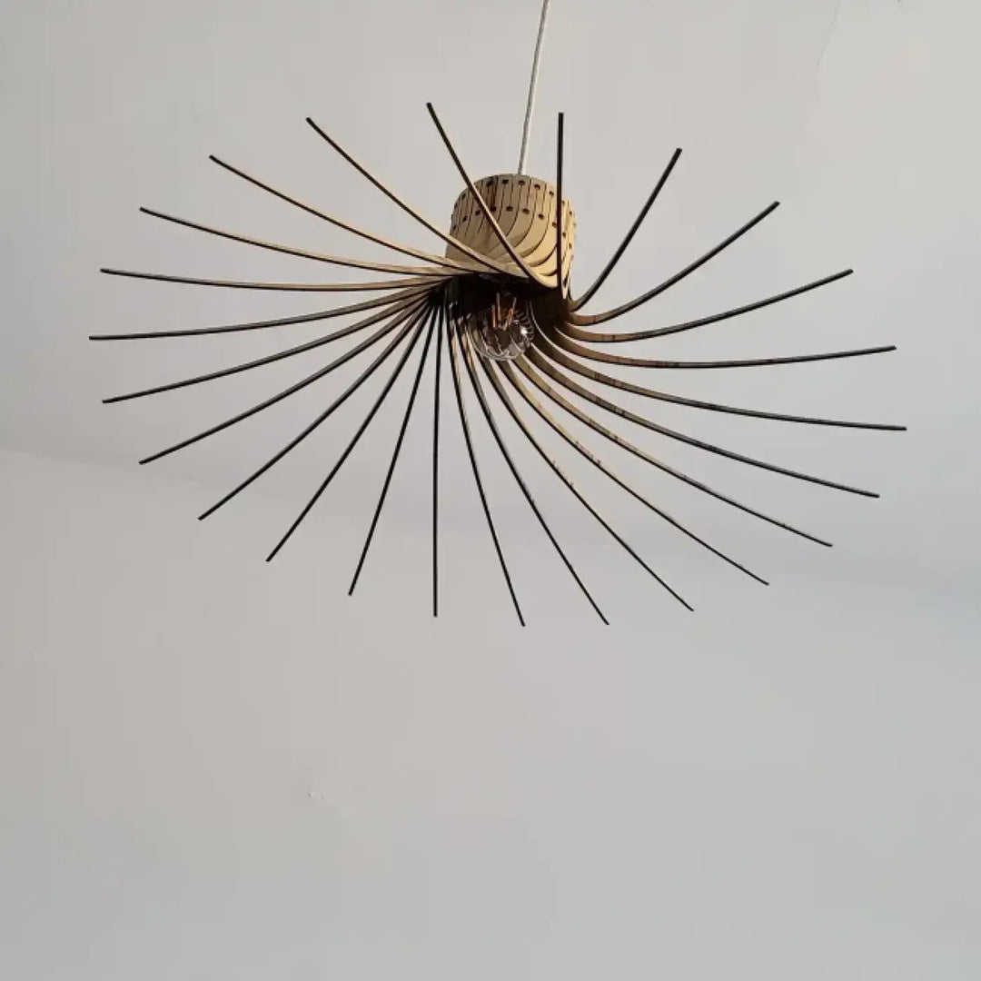 Suspension rotond Ø75cm avec base en bouleau fsc bois naturel et bras métalliques noirs style rayonnant