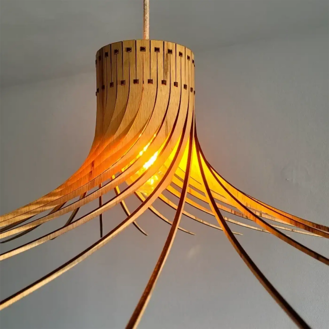 Suspension rotond ø75cm en bouleau fsc bois naturel avec abat-jour cylindrique chaud à lames fines en éventail