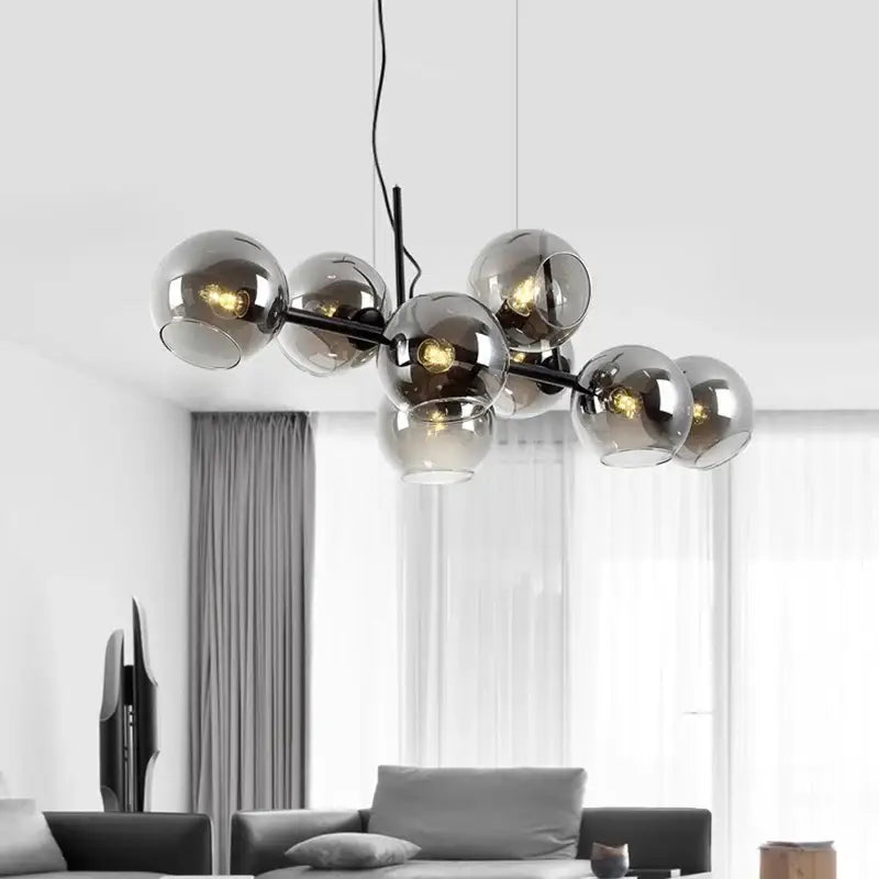 Suspension luminaire scandinave avec 8 boules en verre teinté noir

