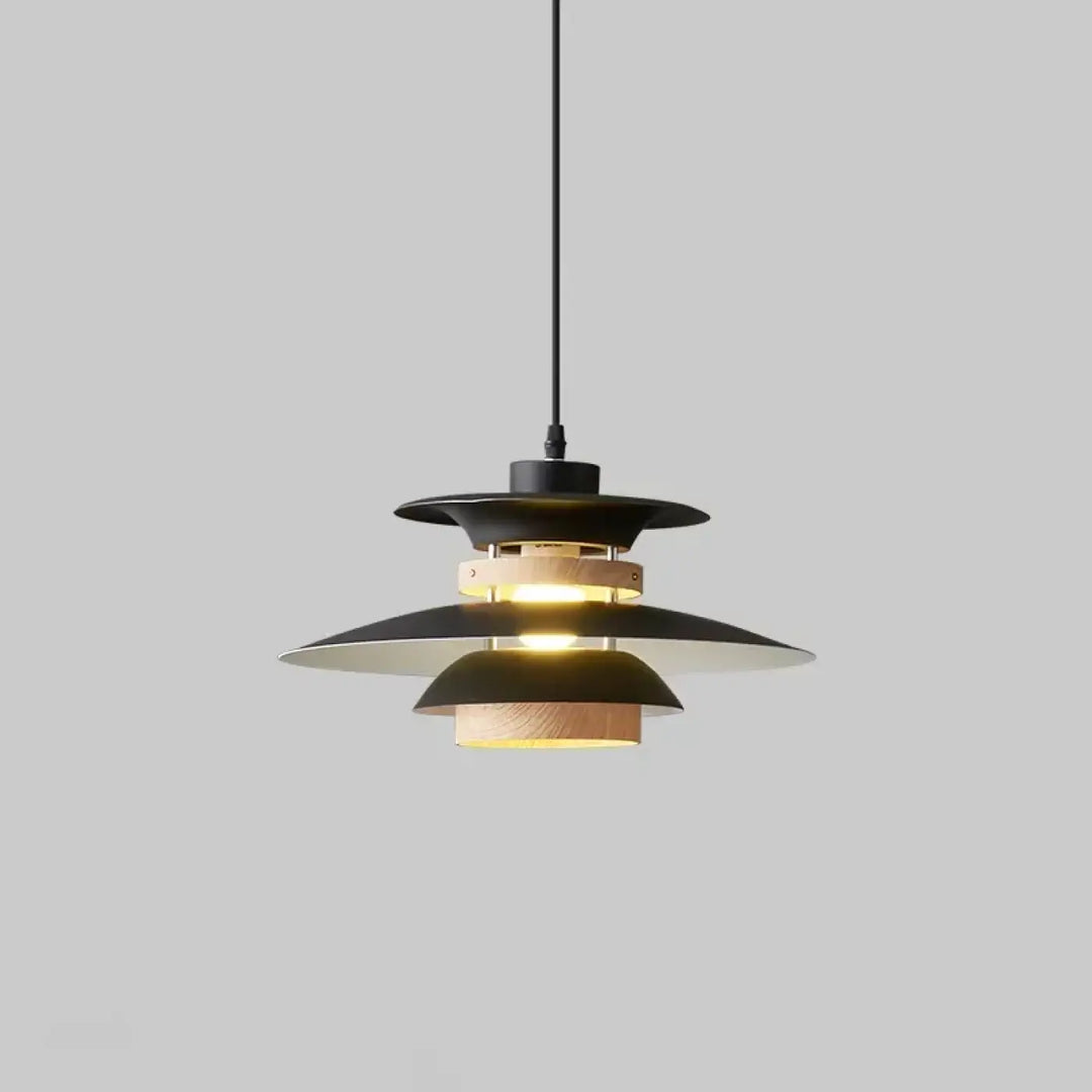 Suspension luminaire stratis en bois et noir avec design moderne en couches pour intérieur scandinave élégant