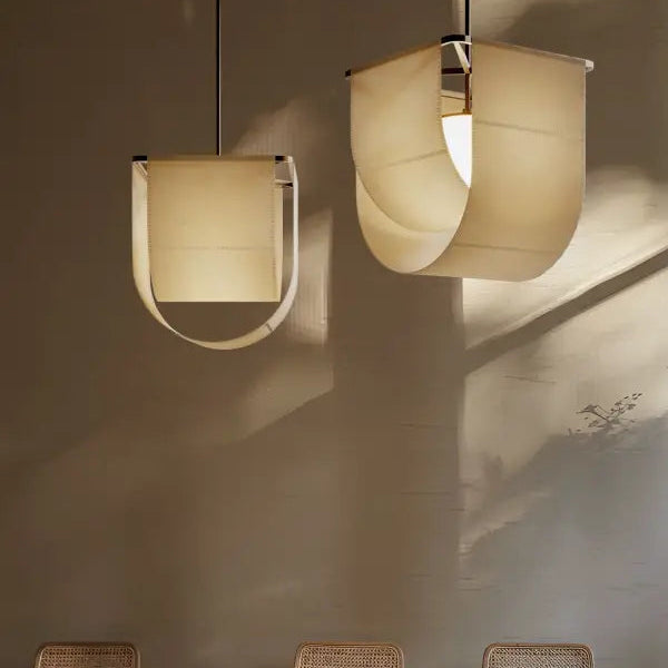 Suspension luminaire style asiatique en tissu beige et métal