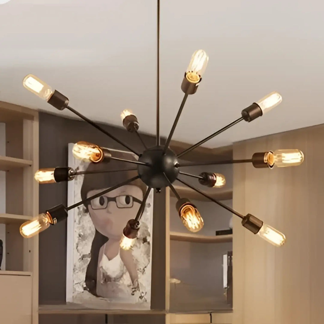Suspension luminaire spyka en métal noir avec structure géométrique et ampoules à filament apparentes pour style industriel