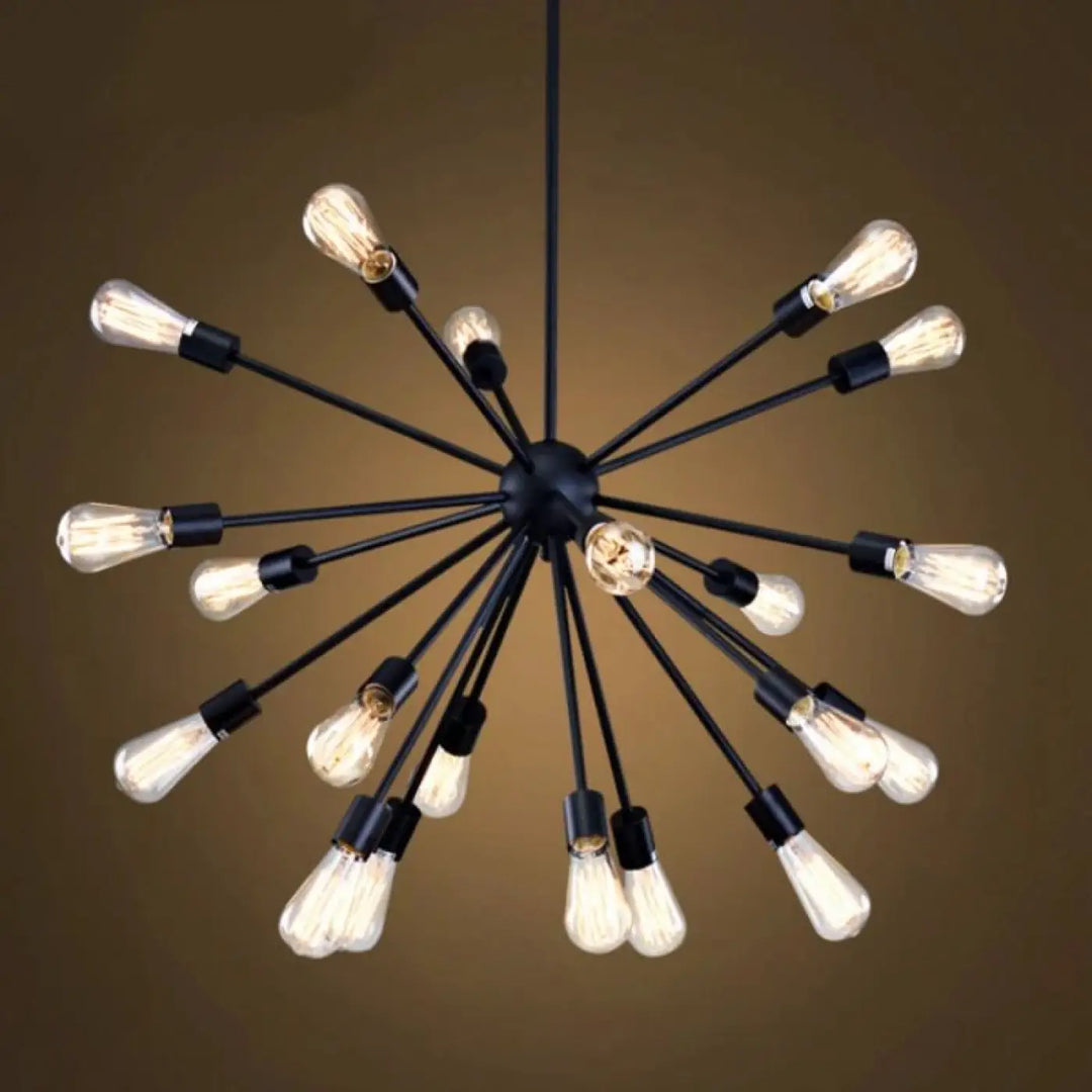 Suspension luminaire spyka en métal noir avec structure géométrique en étoile et ampoules à filament exposées