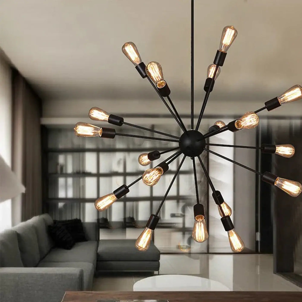 Suspension luminaire spyka en métal noir avec structure géométrique et ampoules Edison exposées style suspension luminaire