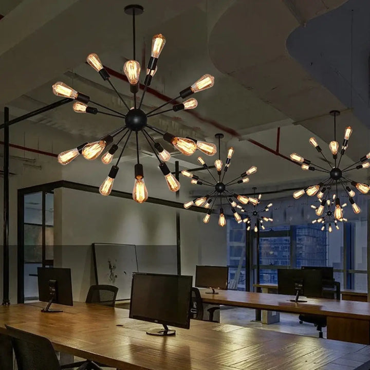 Suspension luminaire spyka noir style sputnik avec structure géométrique et ampoules filament apparentes