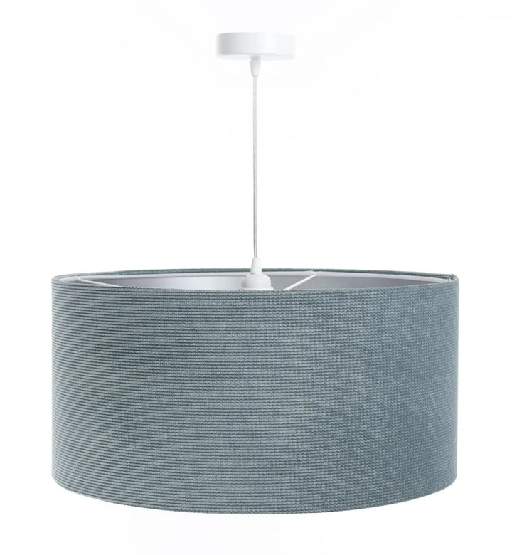 Suspension luminaire tissu bleu gris avec abat-jour tissé gris texturé à motifs côtelés et tige centrale blanche