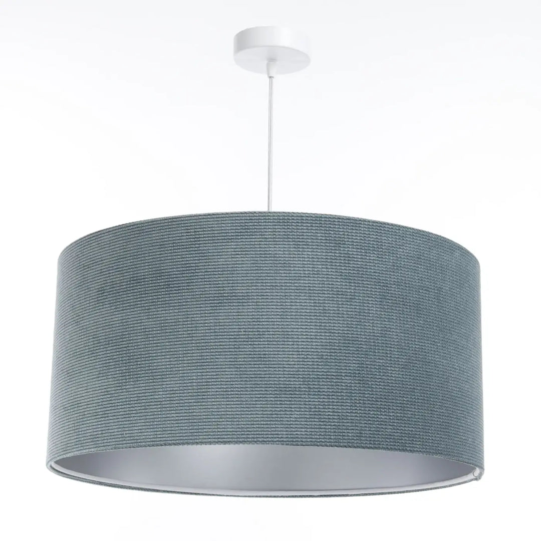 Suspension luminaire avec abat-jour cylindrique bleu gris en tissu velours texturé et nervuré