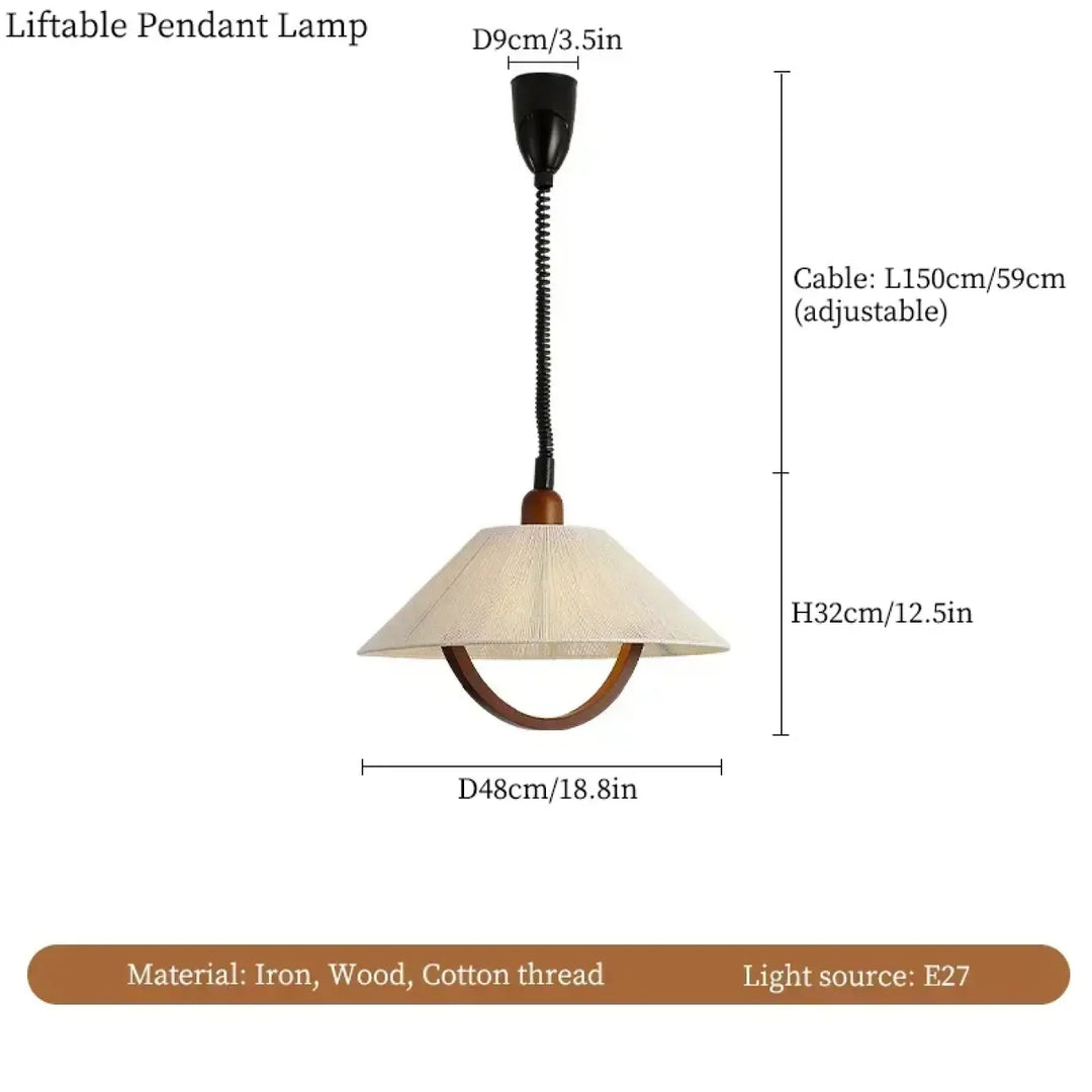 Suspension luminaire tissu avec détail bois courbé naturel