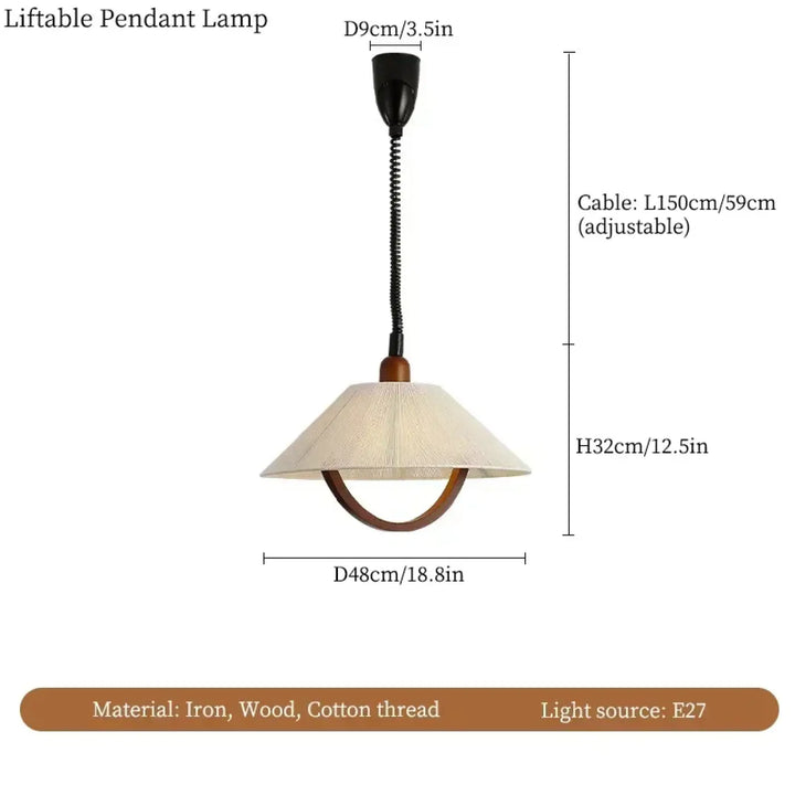 Suspension luminaire tissu avec détail bois courbé naturel