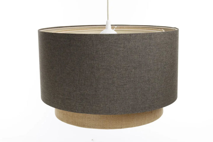 Suspension luminaire duo rattan tissu graphite avec base en toile de jute beige apporte élégance naturelle