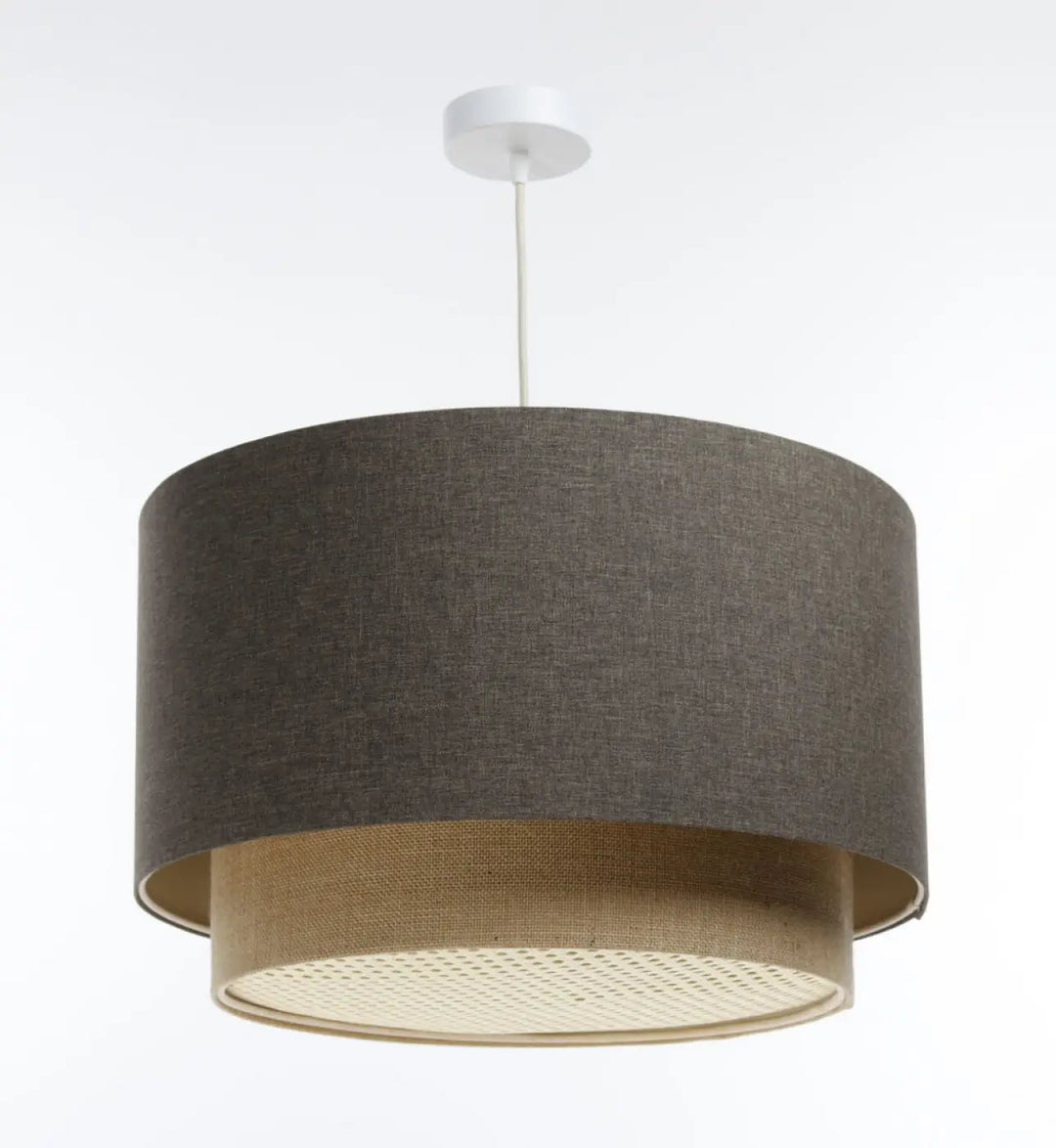 Suspension luminaire duo rattan avec tissu graphite sombre et beige apporte en maille tissée moderne à deux niveaux