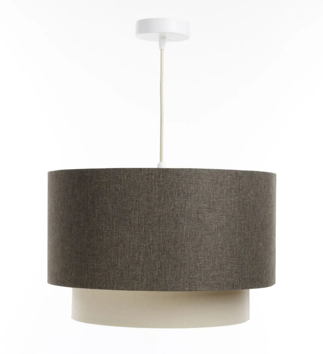 Suspension luminaire graphique duo rattan avec abat-jour en tissu charbon texturé et base crème suspendue par cordon blanc