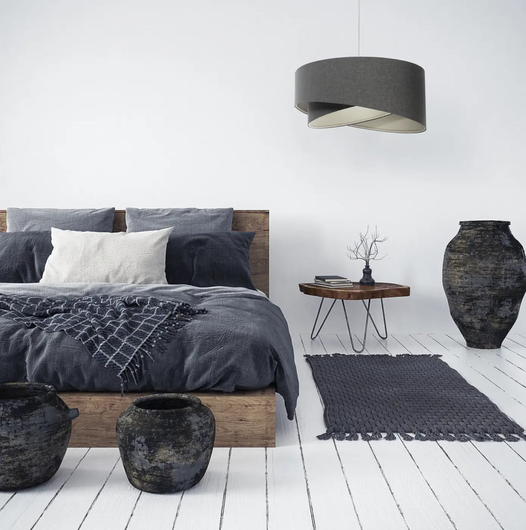 Suspension luminaire galaxy boho elegant en tissu graphite avec design sculptural et abat-jour cylindrique gris moderne