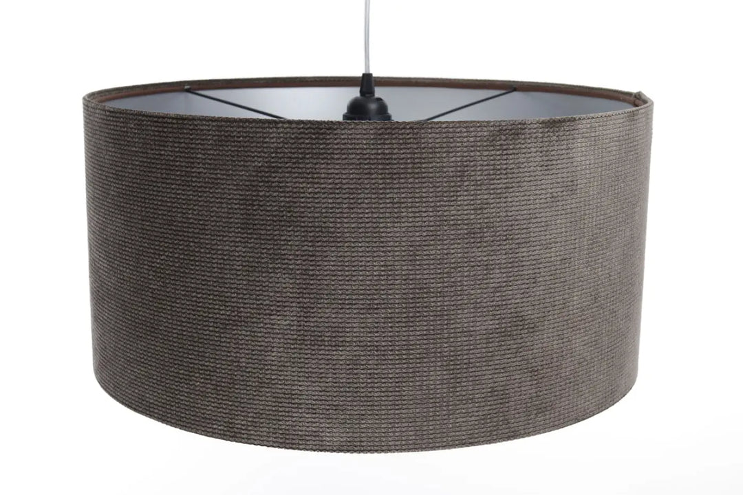 Suspension luminaire glamour structural velour en tissu gris marron avec abat-jour tressé brun foncé à surface nervurée