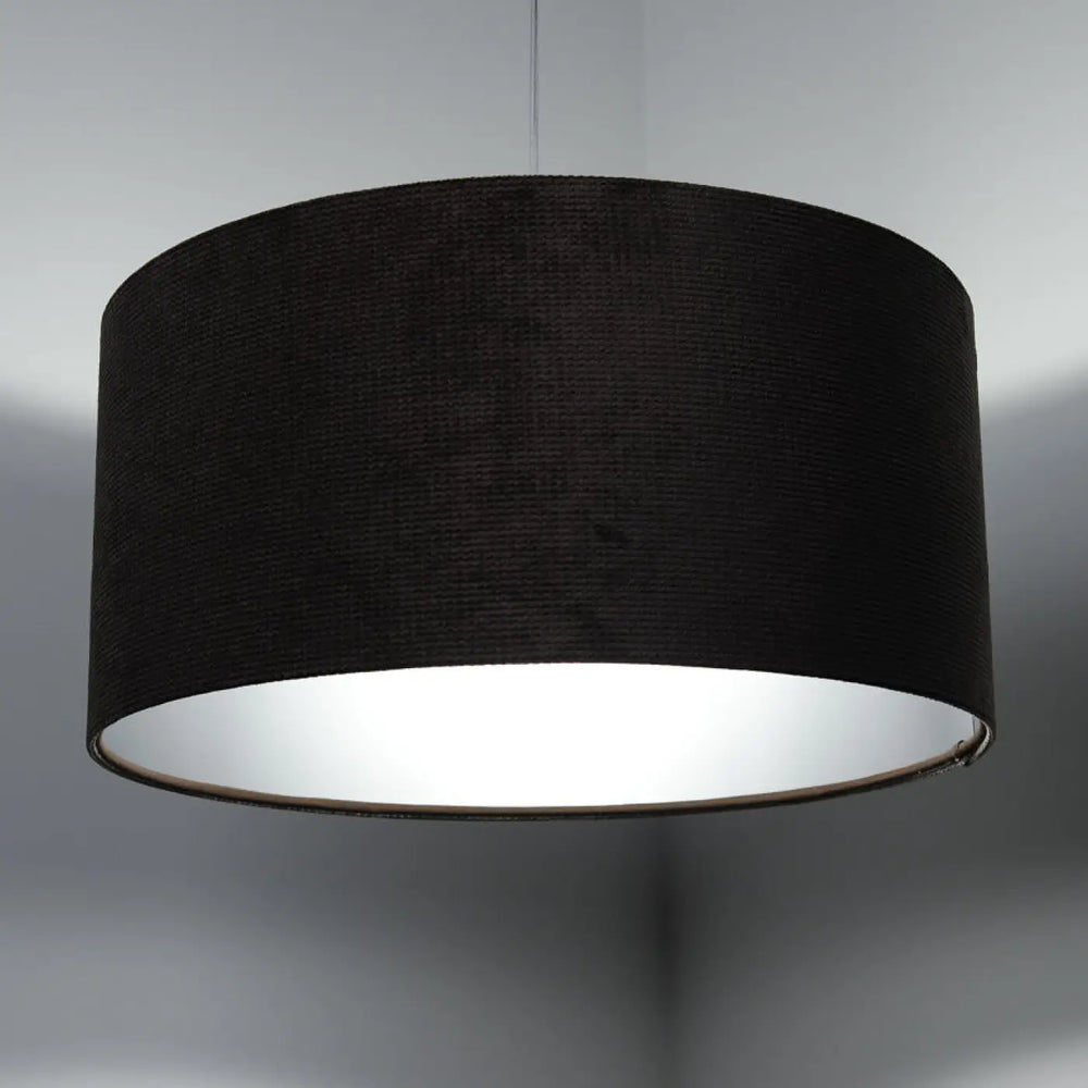 Suspension luminaire glamour structural velour avec abat-jour cylindrique gris marron en tissu gris marron texturé et intérieur argent réfléchissant