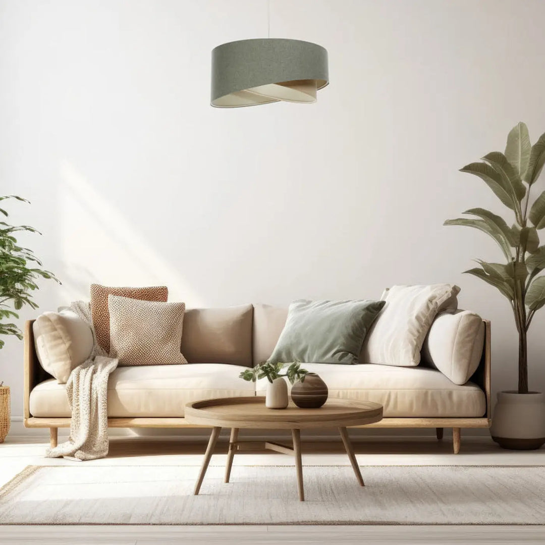 Suspension luminaire moderne avec abat-jour en tissu gris vert et découpes géométriques subtiles élégant boho