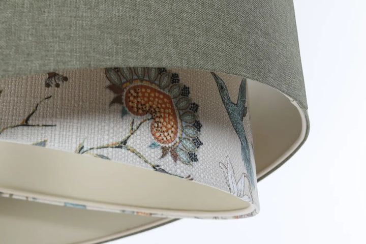 Suspension luminaire galaxy boho elegant avec tissu gris vert et abat-jour beige à imprimé botanique orangé
