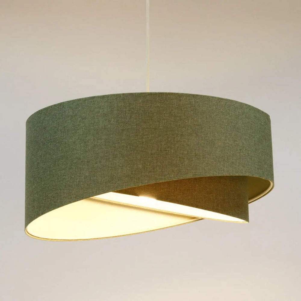 Suspension luminaire tissu gris vert avec design cylindrique moderne et éclat intérieur chaud pour ambiance élégante