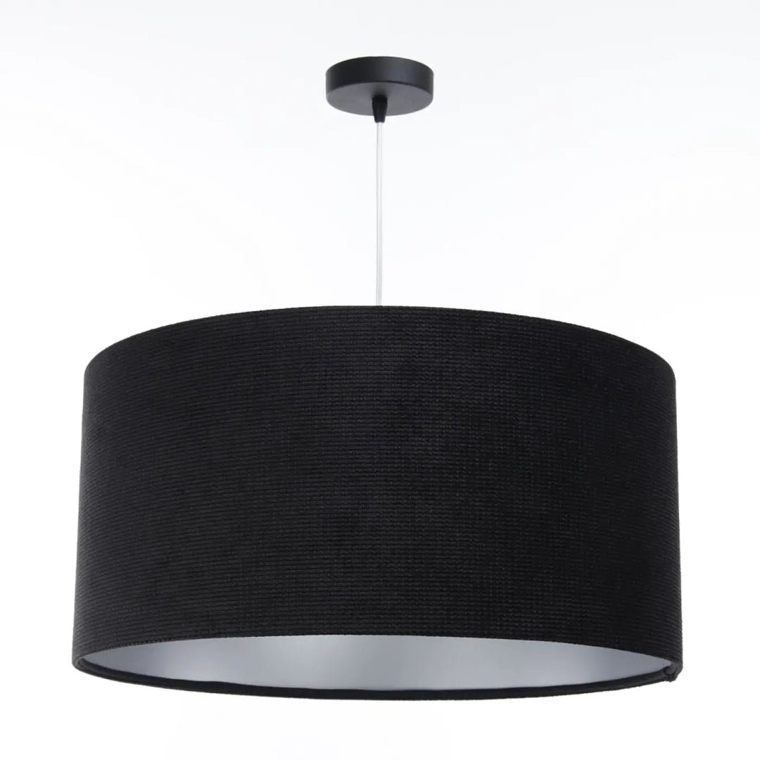 Suspension luminaire en tissu noir avec design cylindrique texturé et intérieur argenté style moderne chic