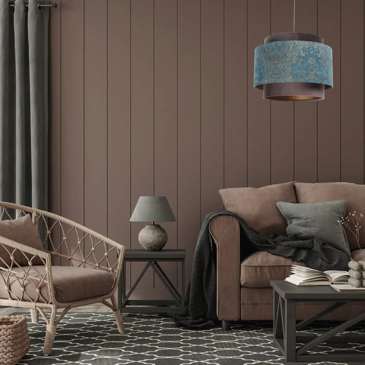Suspension luminaire doblo avec abat-jour en tissu turquoise marron à motifs et accents cuivrés élégants