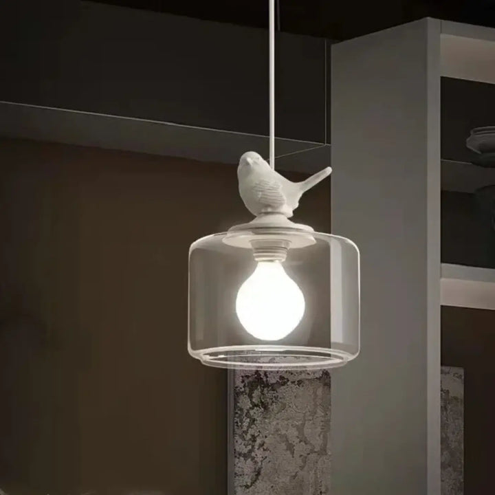 Suspension luminaire en verre avec décor oiseau blanc moderne