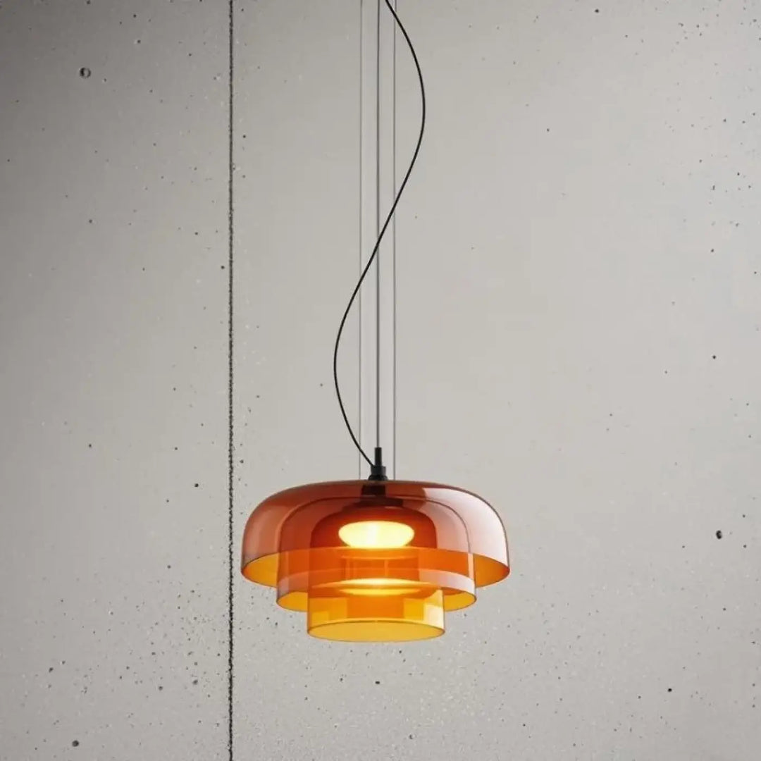 Suspension luminaire moderne zaoh avec verre teinté ambre en couches et cordon noir courbé, objet décoratif élégant
