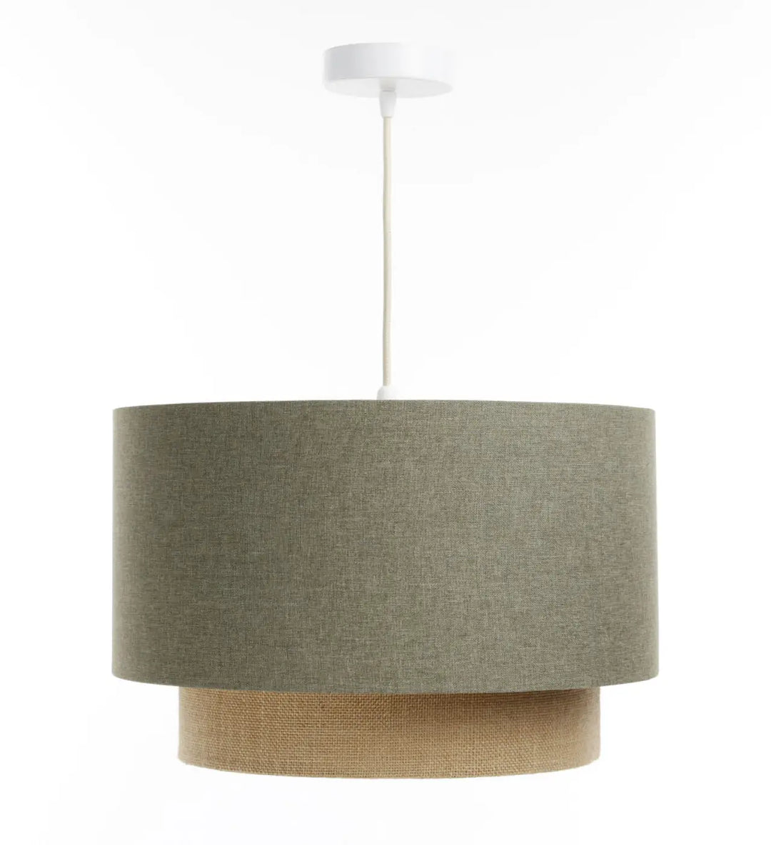 Suspension luminaire duo boho elegant vert gris et beige à deux étages en tissu texturé et jute naturel suspendue