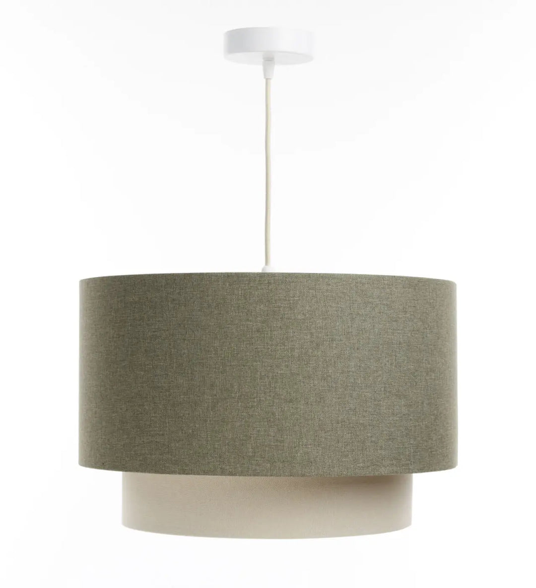 Suspension luminaire duo boho elegant vert gris avec abat-jour en tissu texturé et base crème suspendue par cordon blanc