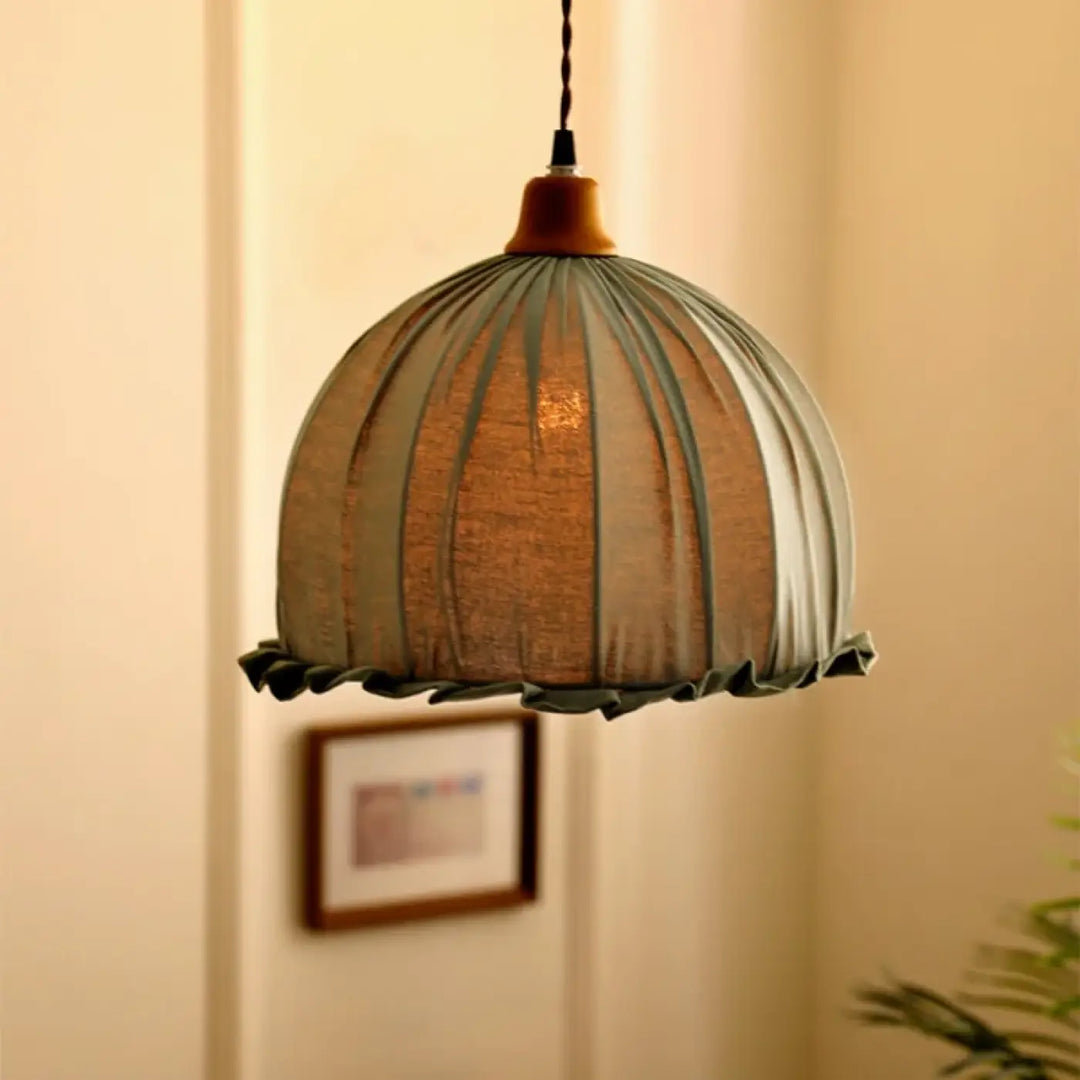Suspension luminaire vintage en lin avec base en bois naturel