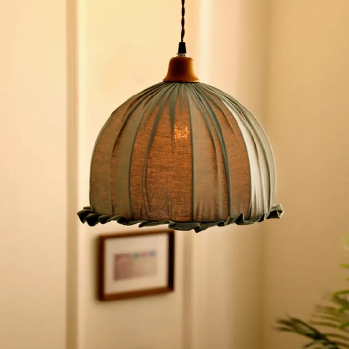 Suspension luminaire vintage en lin avec base en bois naturel