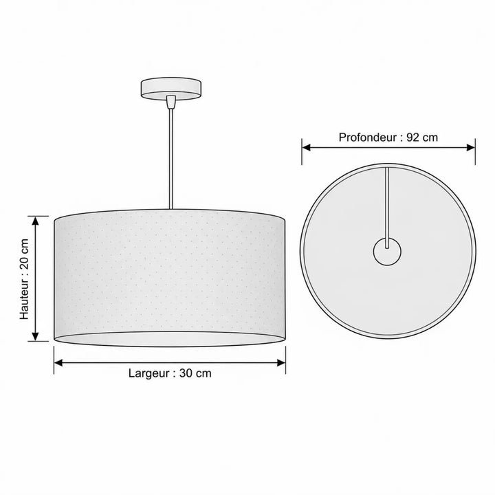 Suspension luminaire violet clair blanc cylindrique en tissu gris clair avec texture ponctuée pour une lumière confortable