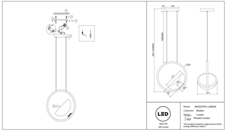 Suspension lunare led disque doré avec design circulaire moderne en finition métallique minimaliste