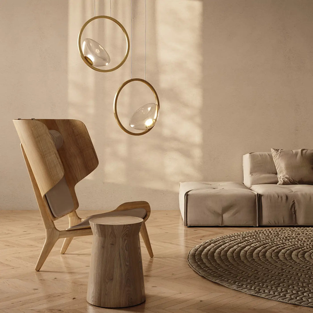 Suspension lunare avec disques dorés circulaires et globes en verre clair pour éclairage led design moderne