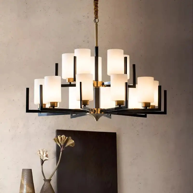 Suspension Lustre Contemporain Noir Doré Et Abat Jour Verre Chic