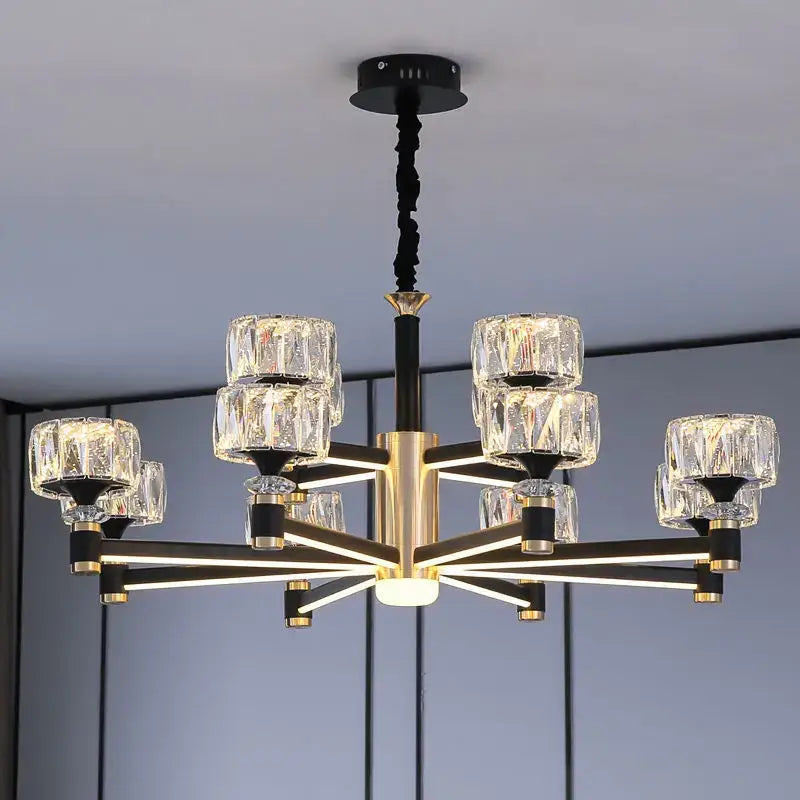 Suspension Luxueuse Design Verre Taillé Noir Et Doré

