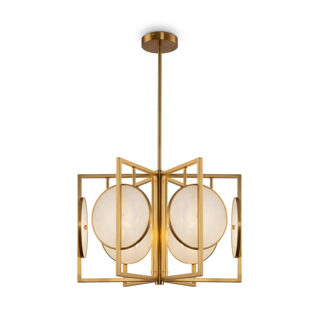 Suspension marmo acier doré avec orbes en verre givré et design géométrique pour éclairage intérieur élégant