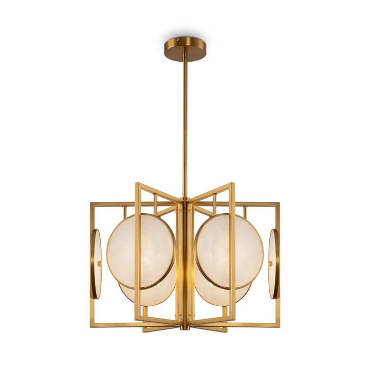 Suspension marmo acier doré avec orbes en verre givré et design géométrique pour éclairage intérieur élégant