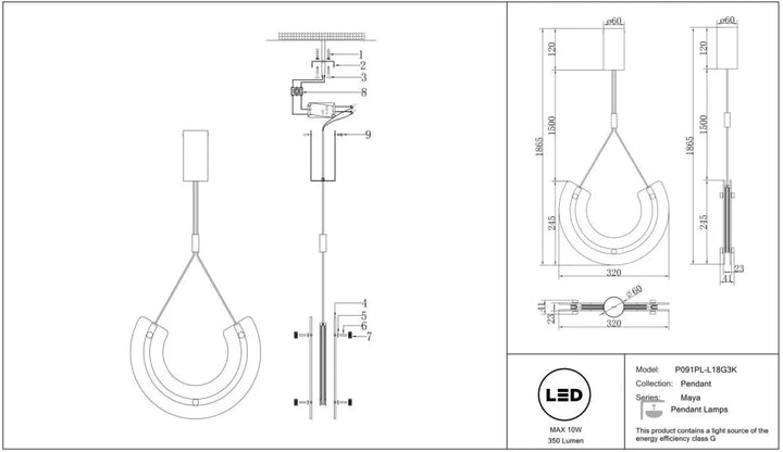 Suspension maya en acier doré avec cadre métallique courbé et design minimaliste en verre plié moderne