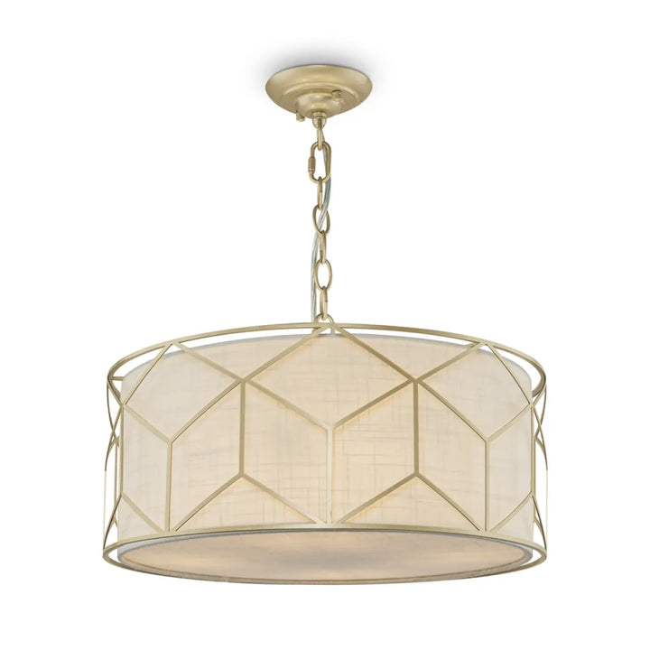 Suspension messina avec lumière tamisée, monture dorée en finition laiton brossé et abat-jour en tissu crème