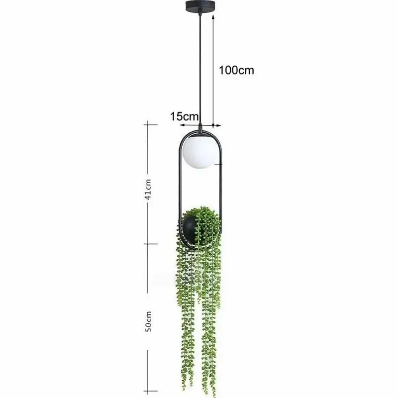 Suspension Moderne Anneau Noir avec Plante Artificielle et Globe LED