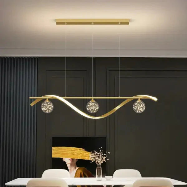 Suspension moderne à vague métallique et boules lumineuses

