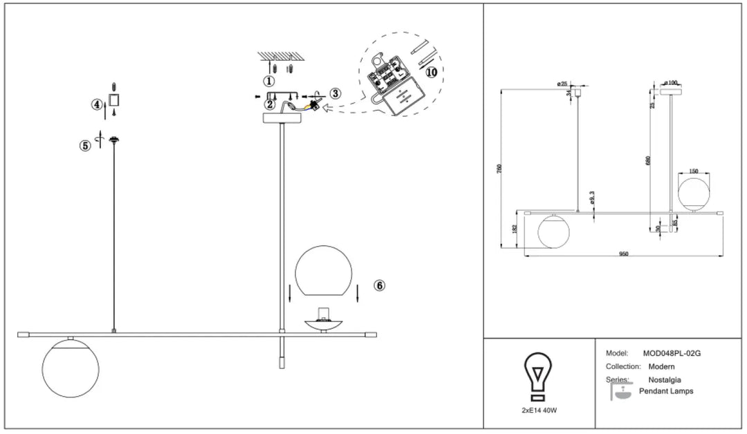 Suspension luminaire nostalgie mod048pl-02q avec deux globes en verre opalin suspendue en acier noir au-dessus d’une table