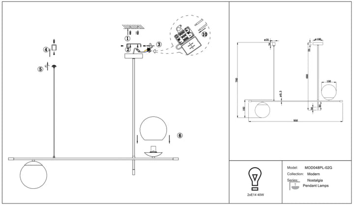 Suspension luminaire nostalgie mod048pl-02q avec deux globes en verre opalin suspendue en acier noir au-dessus d’une table