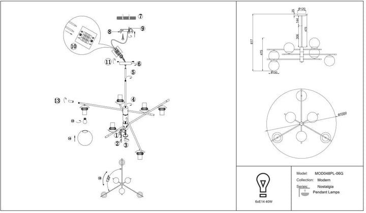 Suspension luminaire nostalgia en acier noir avec six globes en verre sphérique sur cadre metal ajustable