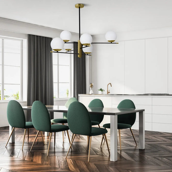 Suspension luminaire nostalgia avec six globes blancs et accents dorés sur tige en acier noir moderne