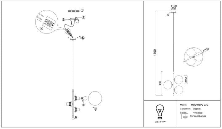 Suspension luminaire trois globes avec trois ampoules led 14w, verre opalin et acier noir au design minimaliste