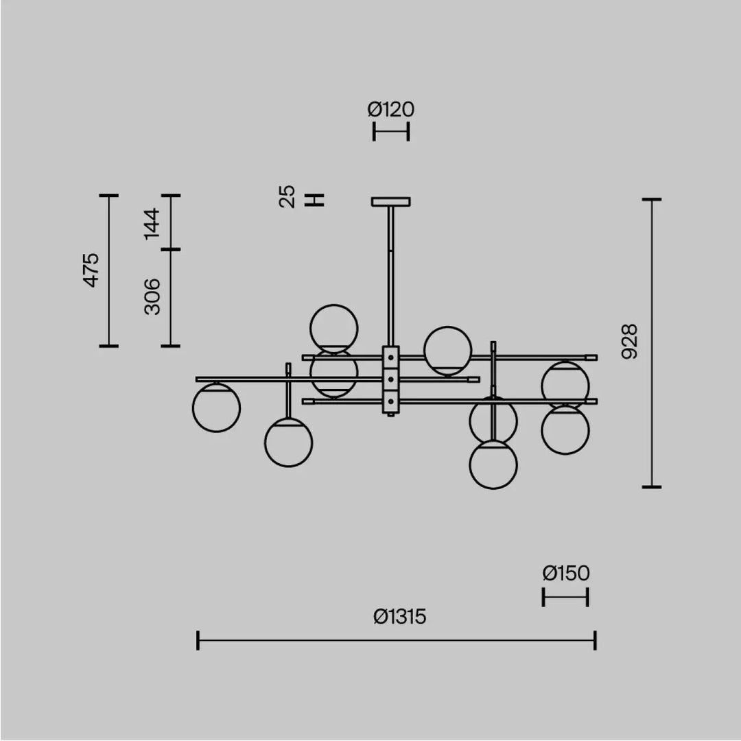 Suspension luminaire nostalgia xxl en acier noir avec neuf globes en verre sphérique pour un style minimaliste moderne