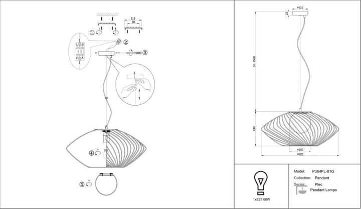 Suspension plec p36apl01g avec design cage ajourée en finition mate blanche et lignes dorées élégantes