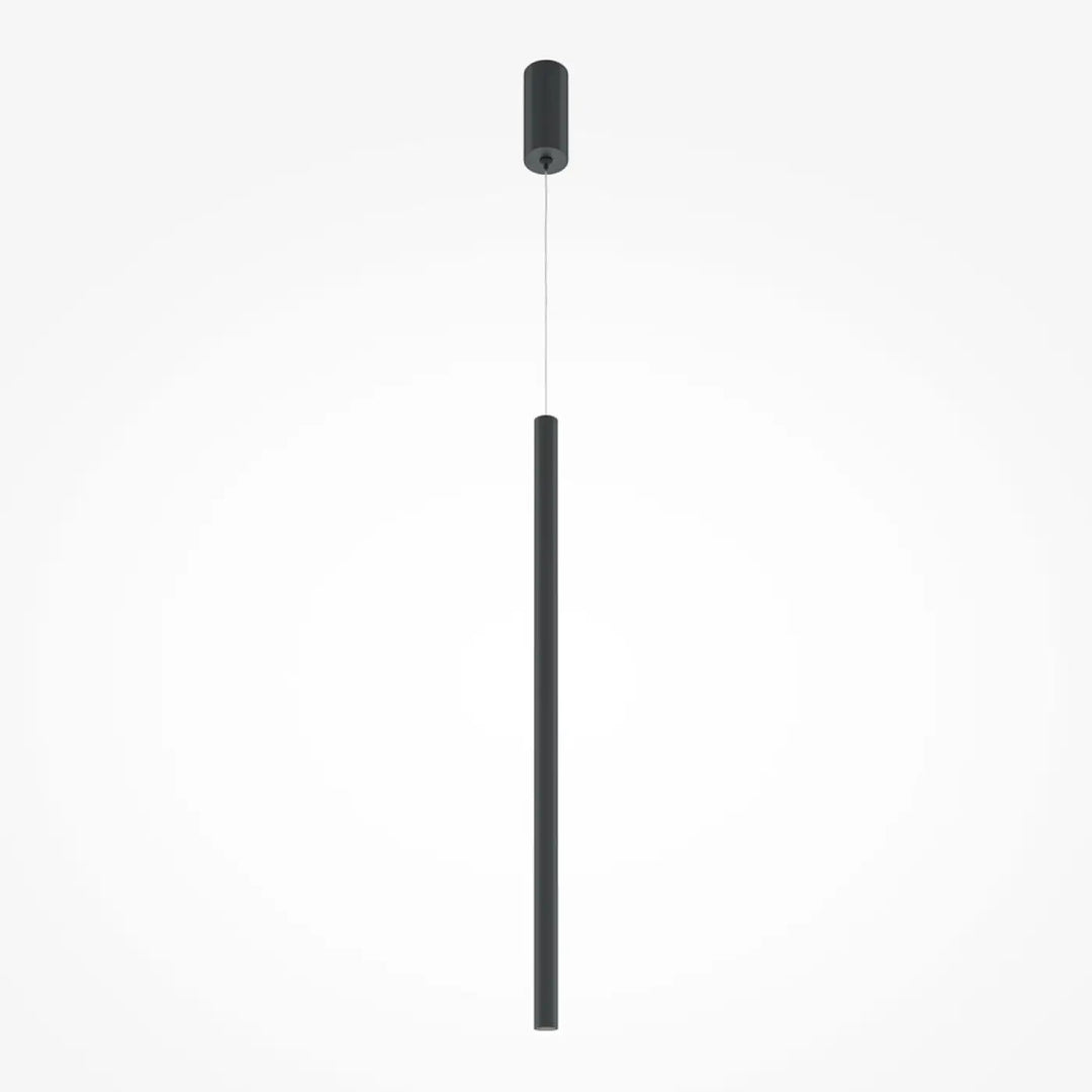 Luminaire suspension pro tube lumineux noir cylindrique minimaliste au-dessus d’un espace moderne et épuré